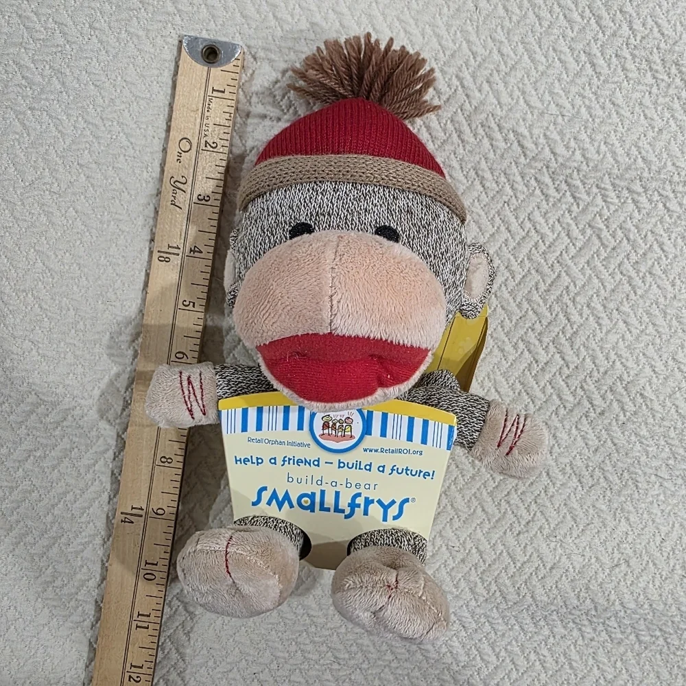 Build-A-Bear Smallfrys Sock Monkey Plush With Red Knit Hat Pompom Beanie Retired